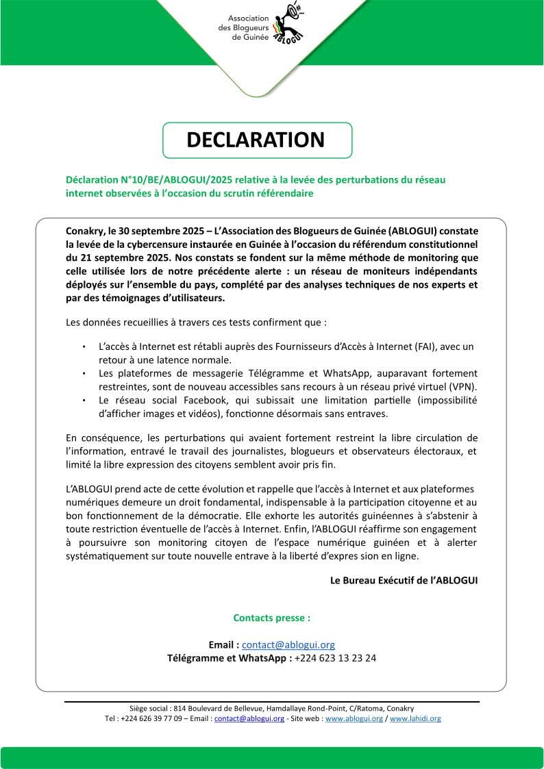 📢 En Guinée, l’accès à Internet est rétabli après plusieurs jours de restrictions.
L’ABLOGUI rappelle que l’Internet est un droit fondamental et appelle à mettre fin aux coupures.

🔗 Lire notre déclaration : ablogui.org/declaration-n1…
#kibaro #DroitALInternet