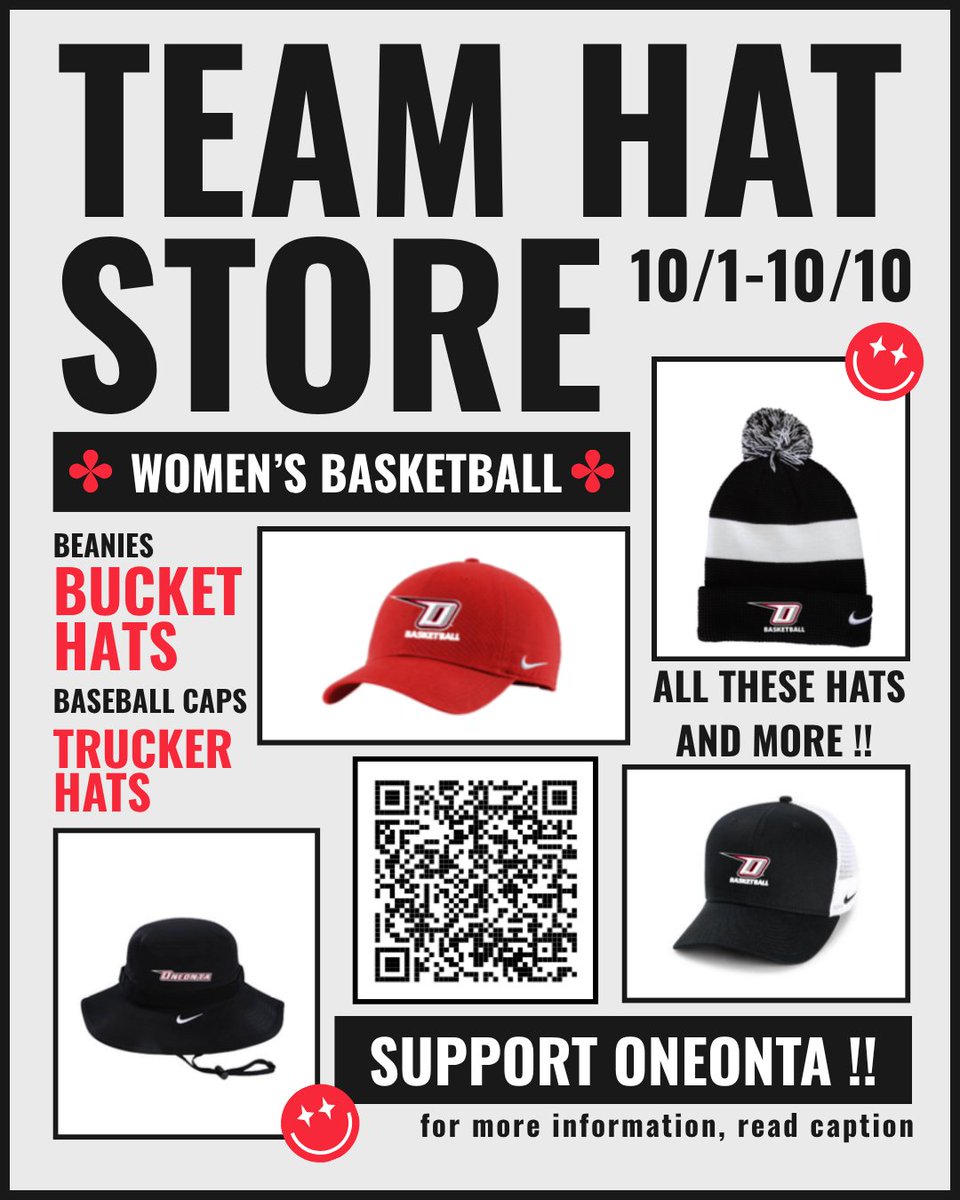ostatewbb's tweet photo. Oneonta Women's Basketball is excited to announce the opening of our hat store !! Scan the QR code or use the link to get yours today 🤩🧢 https://t.co/mgVNETmGgZ https://t.co/Ijmgmtb0ah