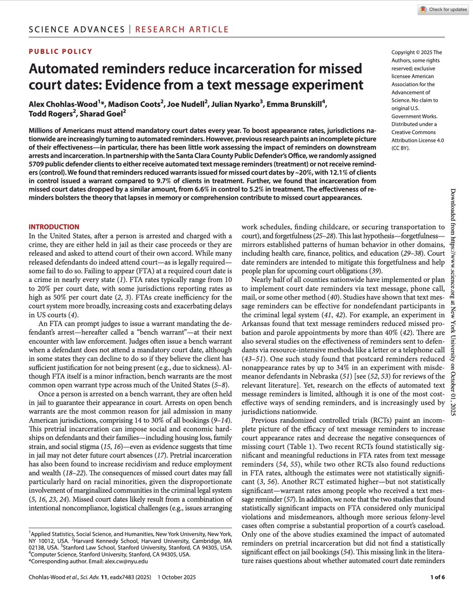 Have you ever forgotten an important date—like a birthday for a loved one?

Now imagine if forgetting meant ending up in jail.

Two years ago, we ran a randomized experiment that found that text message reminders reduce jail stays for missed court dates by over 20%.