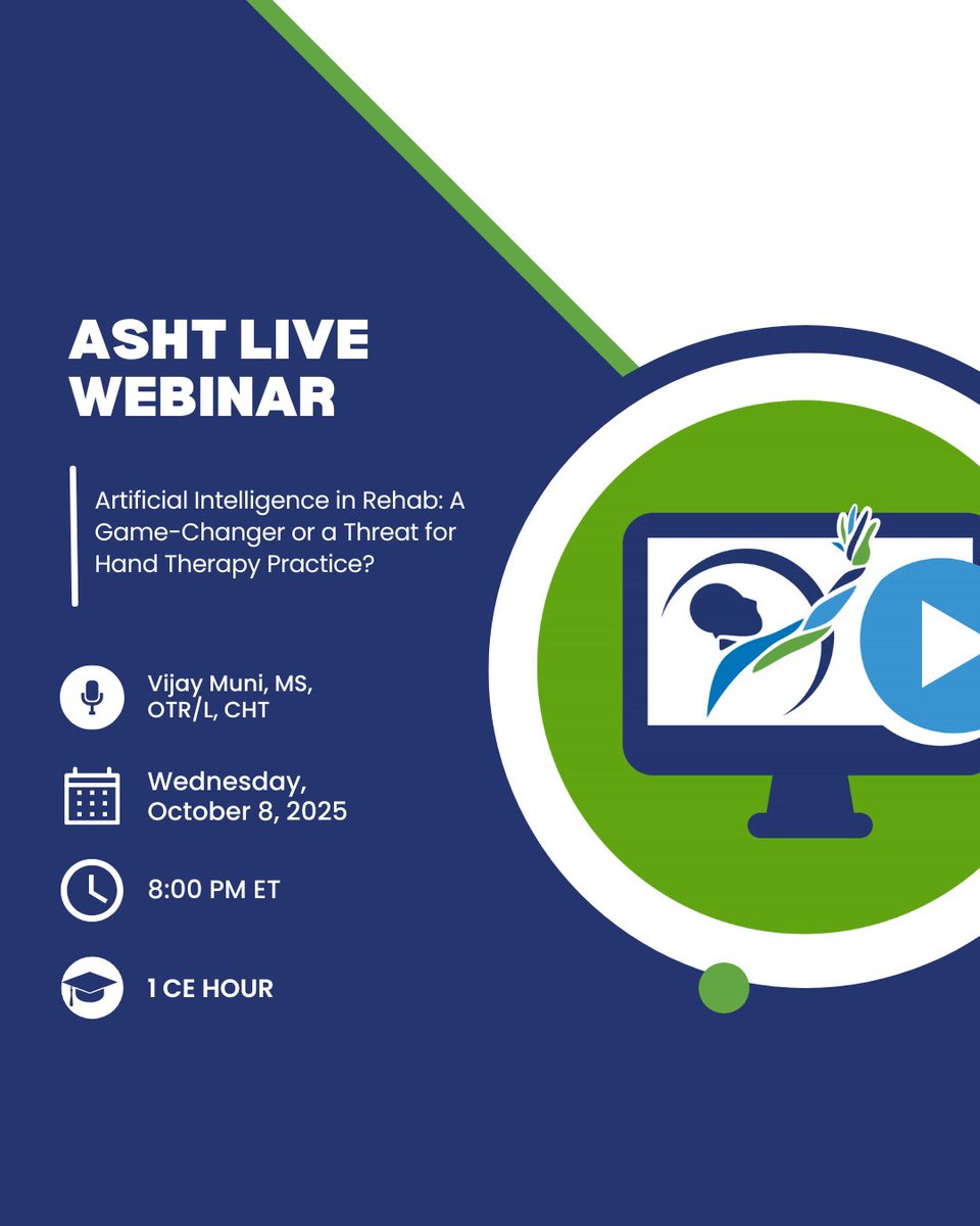 HandTherapyASHT's tweet photo. The role of AI in rehab is growing rapidly. Join us next week to explore how this technology could transform #handtherapy while also addressing the challenges it presents: https://t.co/4tDcoItU6q.

Registrants will have access to the recording to watch on their own time. https://t.co/TLCWHtUxf1