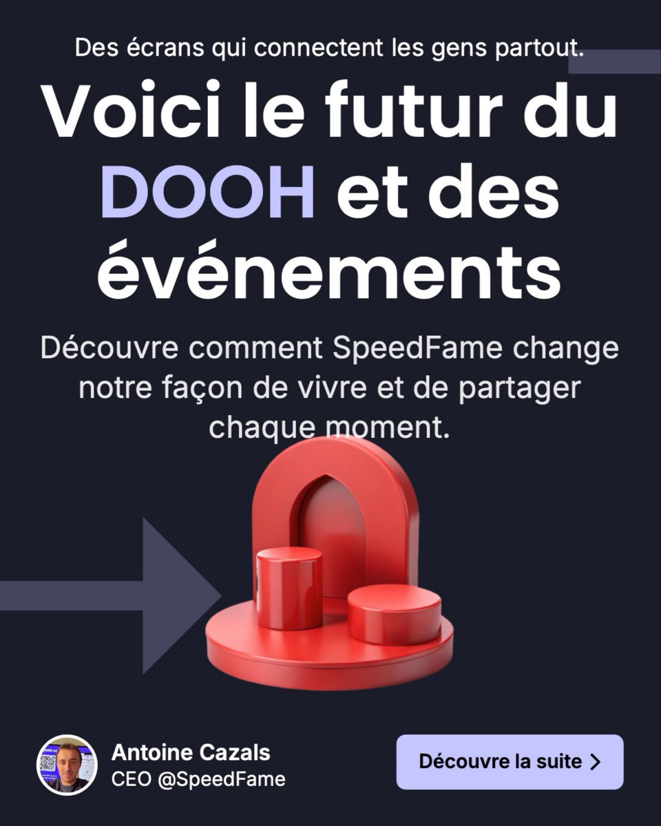 speedfame's tweet image. SpeedFame, c’est :
1️⃣ Des souvenirs collectifs 📲
2️⃣ La pub physique démocratisée 🚀

Levée ouverte sur Crowdcube dès 10 €.
📌 Risques d’investissement.

#Startup #Crowdcube #DOOH