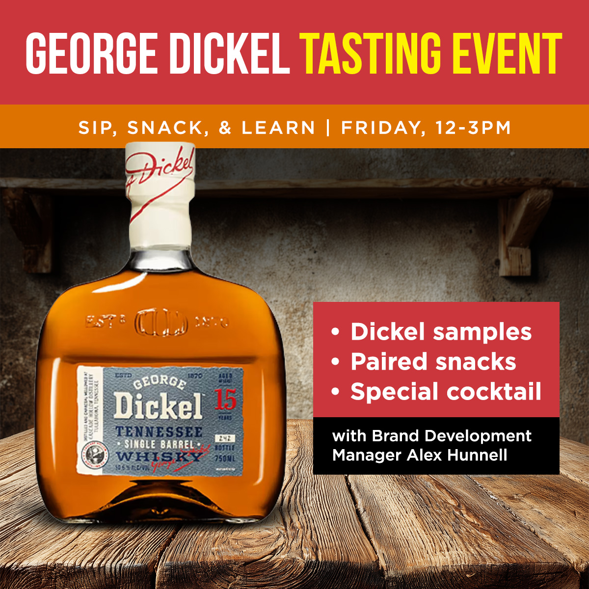 Don't miss a special George Dickel tasting at the store on Friday! Enjoy samples of George Dickel with paired snacks and a special cocktail!

📆 Fri, 10/3, 12-3pm
📍 Prestige Wine &amp; Spirits, 3410 Amelia Dr