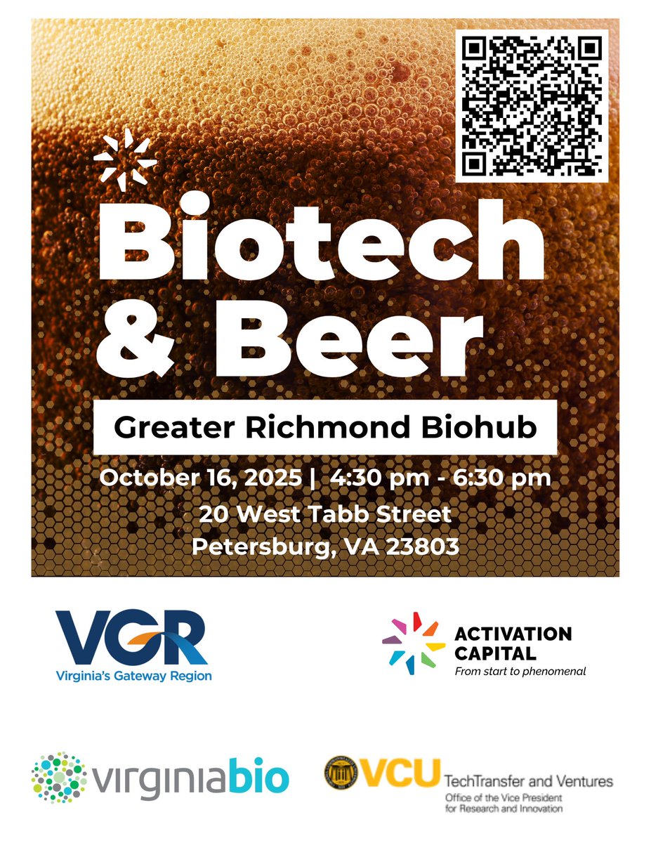 🍻 Biotech &amp; Beer | Richmond-Petersburg Biohub 
📅 ​October 16, 2025 | 🕓 4:30 – 6:30 PM
📍 Hotel Petersburg, 20 West Tabb St, Petersburg, VA
Register here 👉 lnkd.in/eZhHizH5