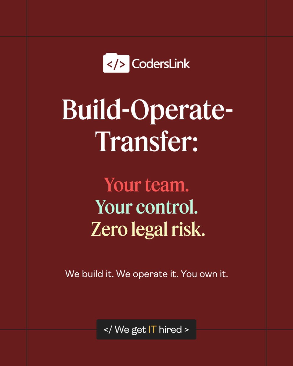 hirecoderslink's tweet image. Build-Operate-Transfer means:
✅ Your team
✅ Your control
✅ Zero legal risk
We build it. We operate it. You own it.
👉 Scale with confidence. ⚡
#BOTModel #TechExpansion #LATAMTalent