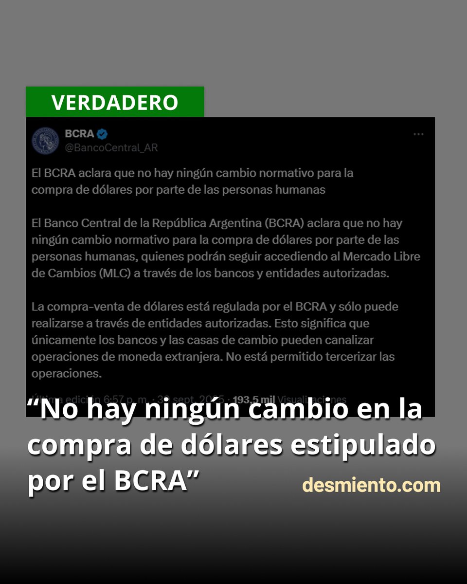 🟢 VERDADERO: NO SE REALIZARON CAMBIOS EN LA COMPRA DE DÓLARES  

La novedad: quienes compren dólar oficial no podrán operar con MEP o CCL por 90 días.

👉 ¿Vos estás de acuerdo con estas medidas?
#BCRA #Ahorro #CompraDolares #EconomiaArgentina