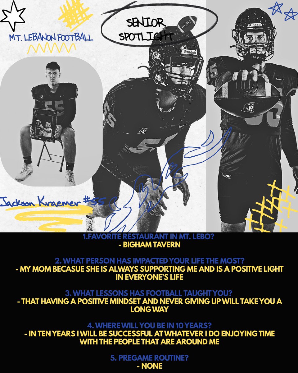 mtlebofootball's tweet photo. Senior Spotlight 🚨
Next up in our season-long series is: #55 Jackson Kraemer ⭐️🔥

Jackson credits his mom as his biggest influence in life.

The greatest lesson football has taught him? 
“Having a positive mindset and never giving up will take you a long way.” https://t.co/RAq4i9kRXi