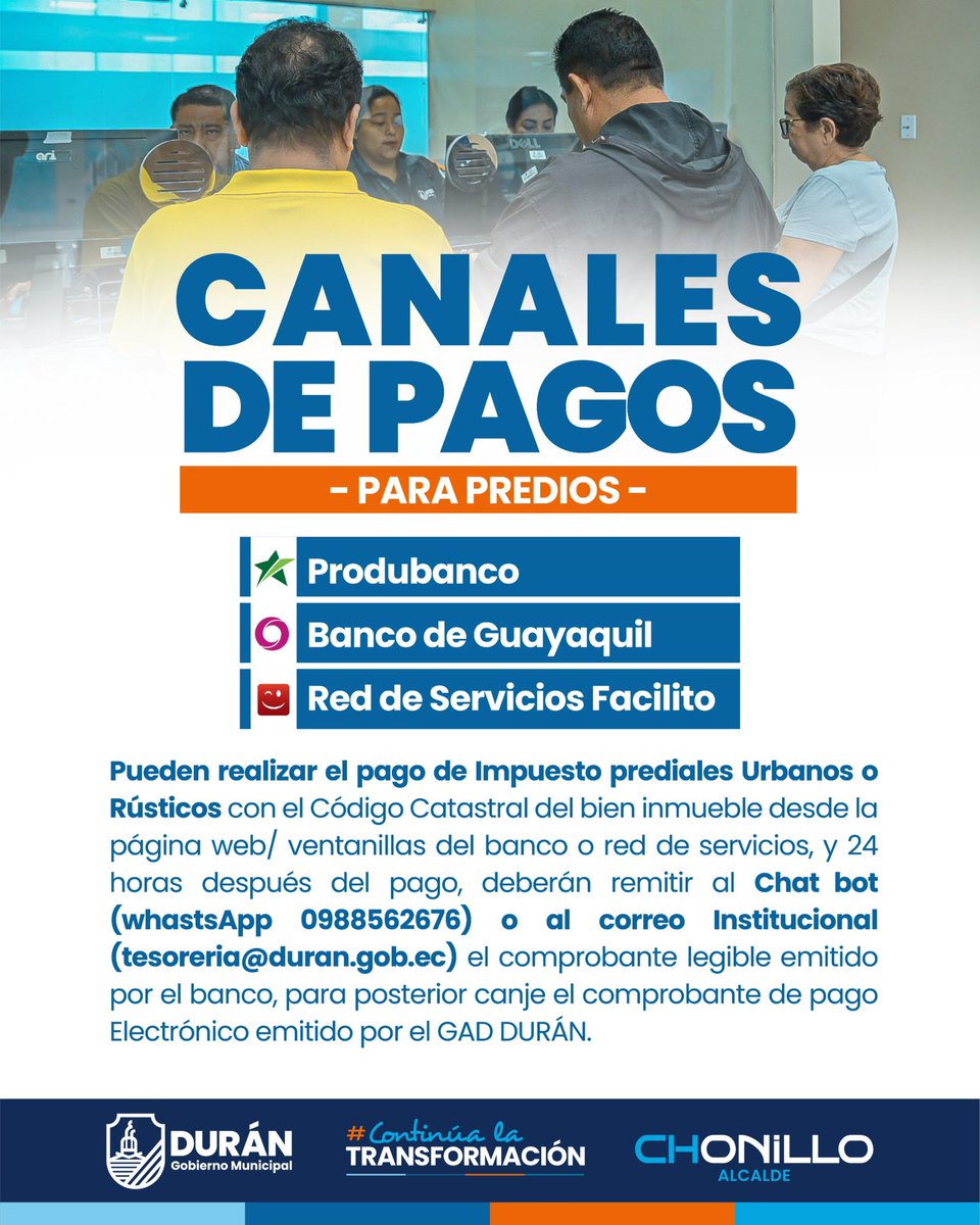 Gobierno Municipal de Durán (@gobiernodeduran) on Twitter photo Si aún no realizas el pago de tus predios, ponemos a disposición nuestros canales de pagos, para que realices este trámite de manera cómoda y sin salir de casa. 
Si tienes dudas o deseas consultar el valor a pagar, escríbenos al 0988562676. Si aún no realizas el pago de tus predios, ponemos a disposición nuestros canales de pagos, para que realices este trámite de manera cómoda y sin salir de casa. 
Si tienes dudas o deseas consultar el valor a pagar, escríbenos al 0988562676.
