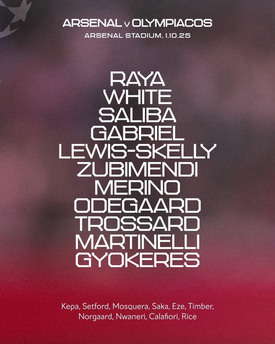 _theafctimes's tweet photo. The starting XI against Olympiacos is here, Odegaard returns and a much deserved start for Martinelli! 🔥

#arsenal #UCL #ChampionsLeague #odegaard https://t.co/l4LrwKnYZI