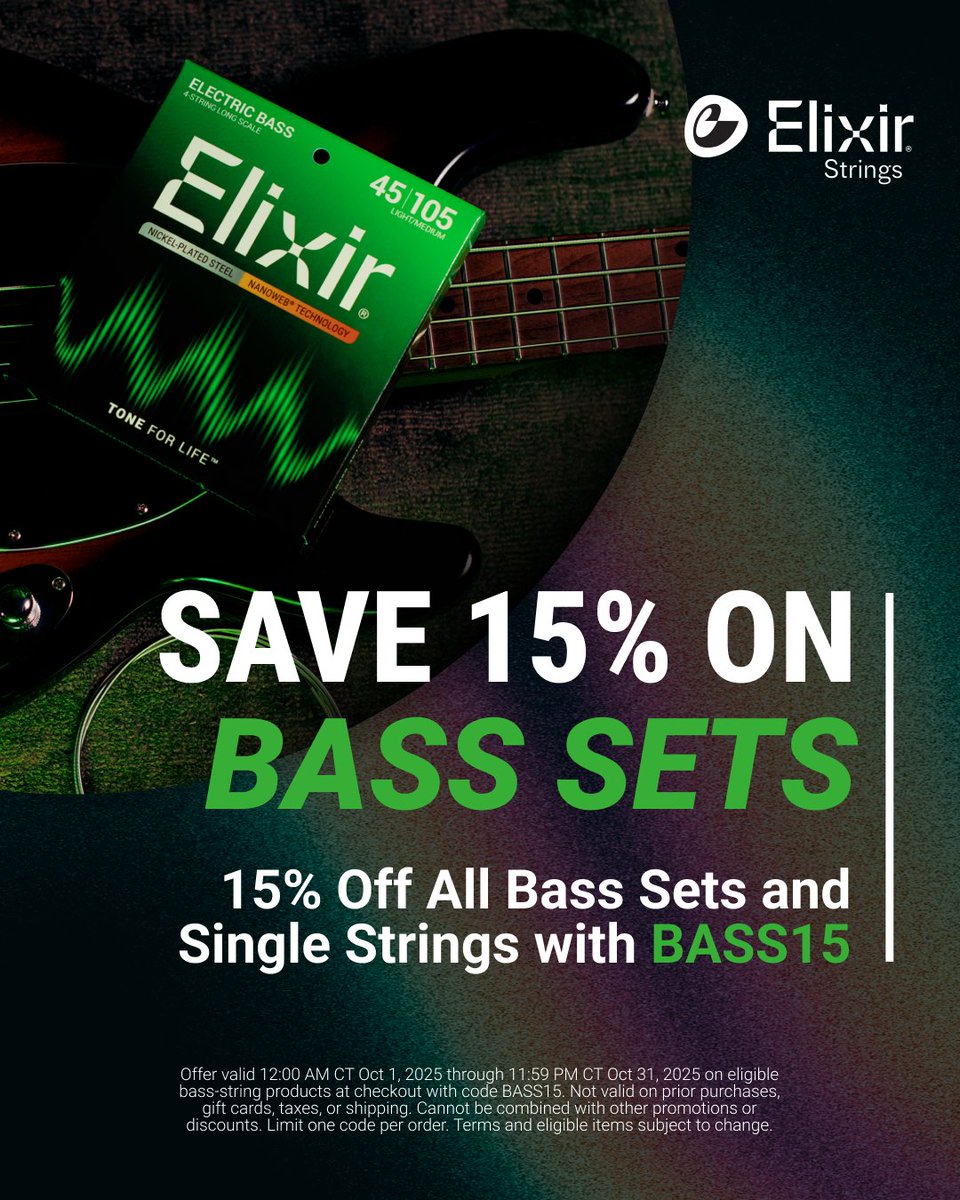 ElixirStrings's tweet image. October is all about bass!
Save 15% on all bass sets and bass single strings with code BASS15. Offer valid through October 31, 2025 on elixirstrings.com
