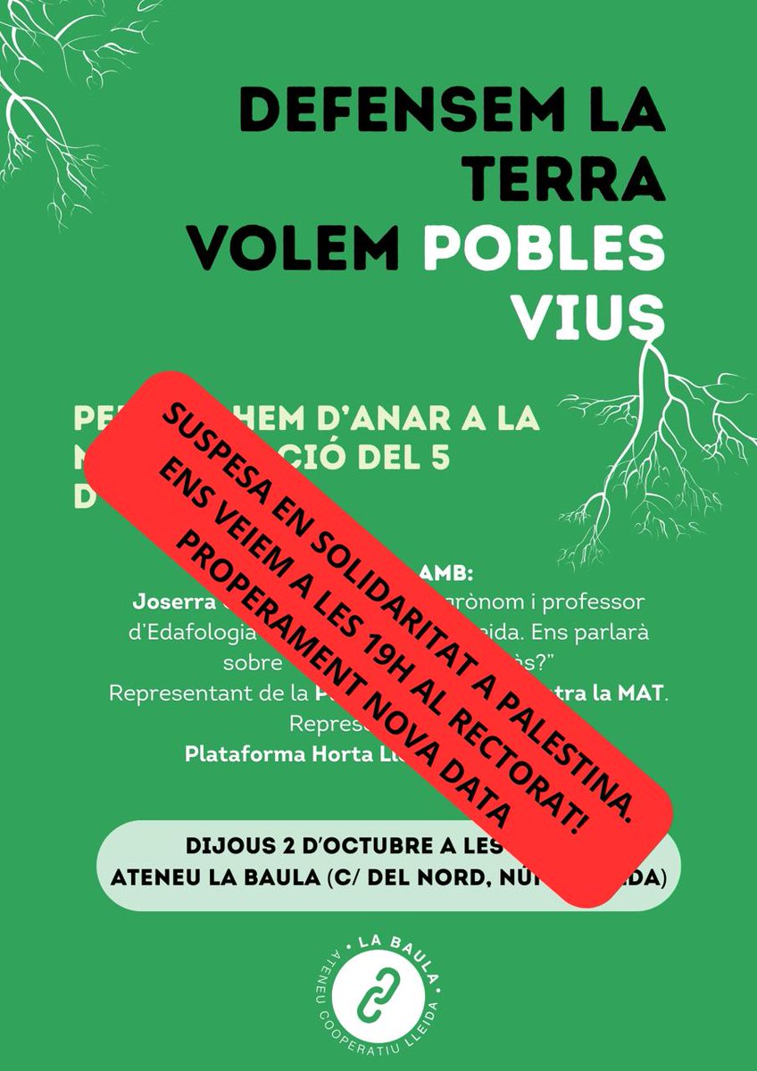 labaulalleida's tweet photo. 🔴 SUSPENEM L'ACTE "DEFENSEM LA TERRA, VOLEM POBLES VIUS"

Després de la intercepció de la Flotilla, suspenem l'acte d'avui i ens sumem a la mobilització convocada per @lleidapalestina.

👉🏽 Buscarem una nova data per fer l'acte!

Ens veiem a les 19h al Rectorat de Lleida! https://t.co/uEPTcU6Rau