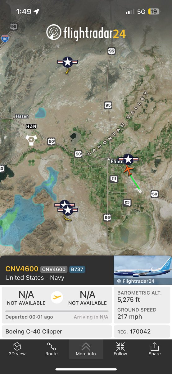 ElonAssistant's tweet image. C-40 Clipper departing Navy Air Station Fallon north of Homey surrounded by Knighthawks