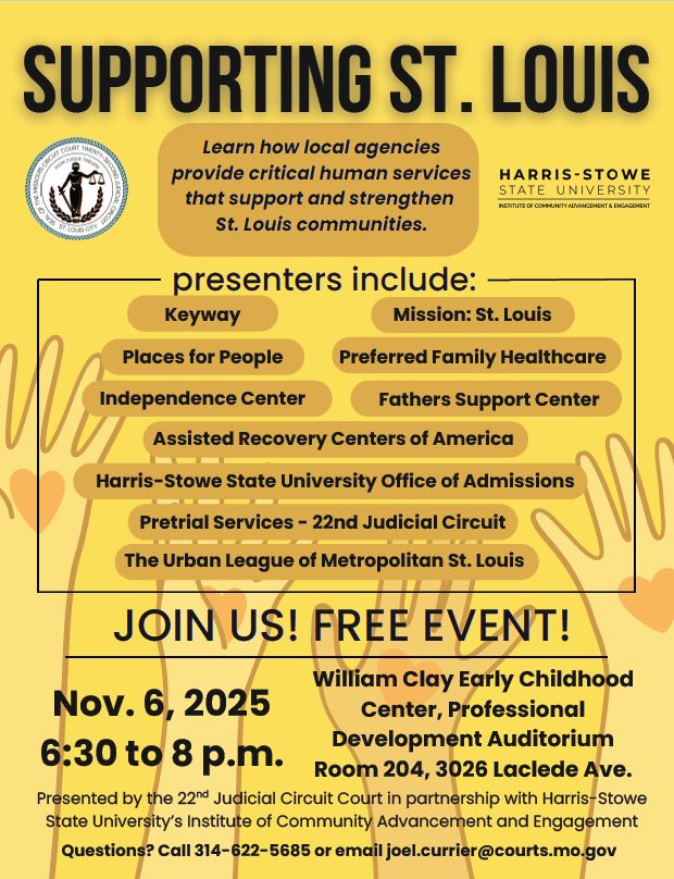 22ndCircuitSTL's tweet image. We&apos;re co-hosting a free, upcoming presentation at Harris-Stowe State University on Nov. 6! Learn how local providers are working to support and strengthen St. Louisans.
