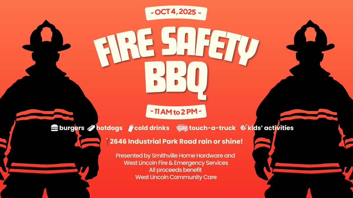 NEWS | West Lincoln Fire &amp; Emergency Services is teaming up with Smithville Home Hardware for a Fire Safety Barbecue on Saturday, October 4, from 11 a.m. to 2 p.m. All proceeds benefit West Lincoln Community Care.

Read more: westlincoln.ca/en/news/west-l…