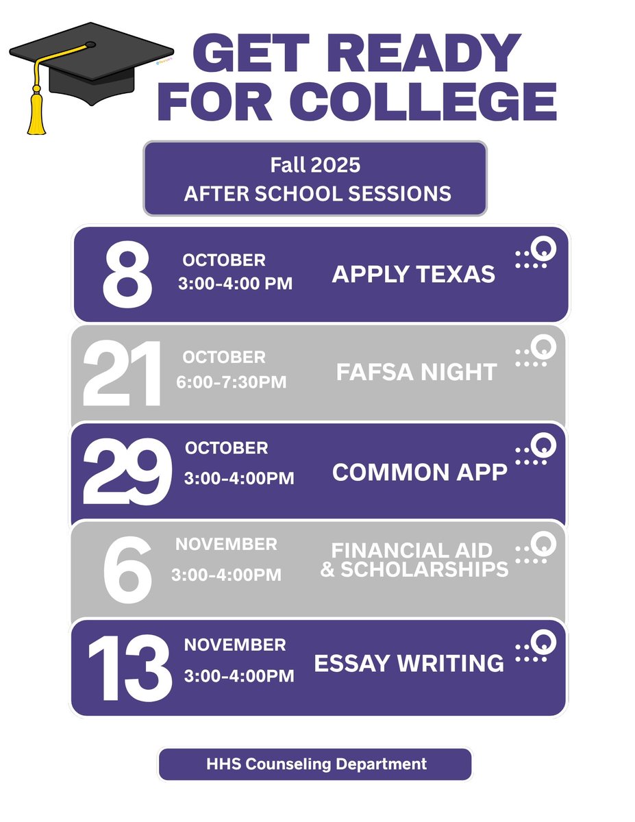 The HHS Counseling Team is hosting workshops to guide our seniors through college prep &amp; application forms. Sessions are 3–4 PM, except FAFSA Night (6–7:30 PM) for students &amp; families. To sign up, please visit: forms.gle/tHwYxAmfK4DKhn…
<a href="/HumbleISD_HHS/">Humble High School</a> <a href="/CourtneyPLeads/">Courtney Peterson</a>