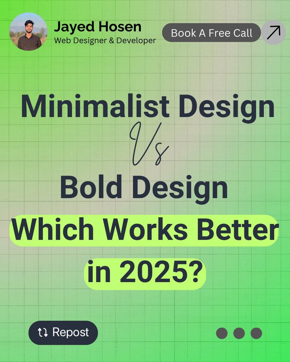 imjayedhosen's tweet image. Minimalist vs. Bold Design – 2025 Edition

Minimalist: Clean, usable, professional
Bold: Eye-catching, memorable, action-driven
Best approach? Blend both: minimalist structure + bold highlights = modern, effective websites.

Which style converts better for you?

#WebDesign #Jayed