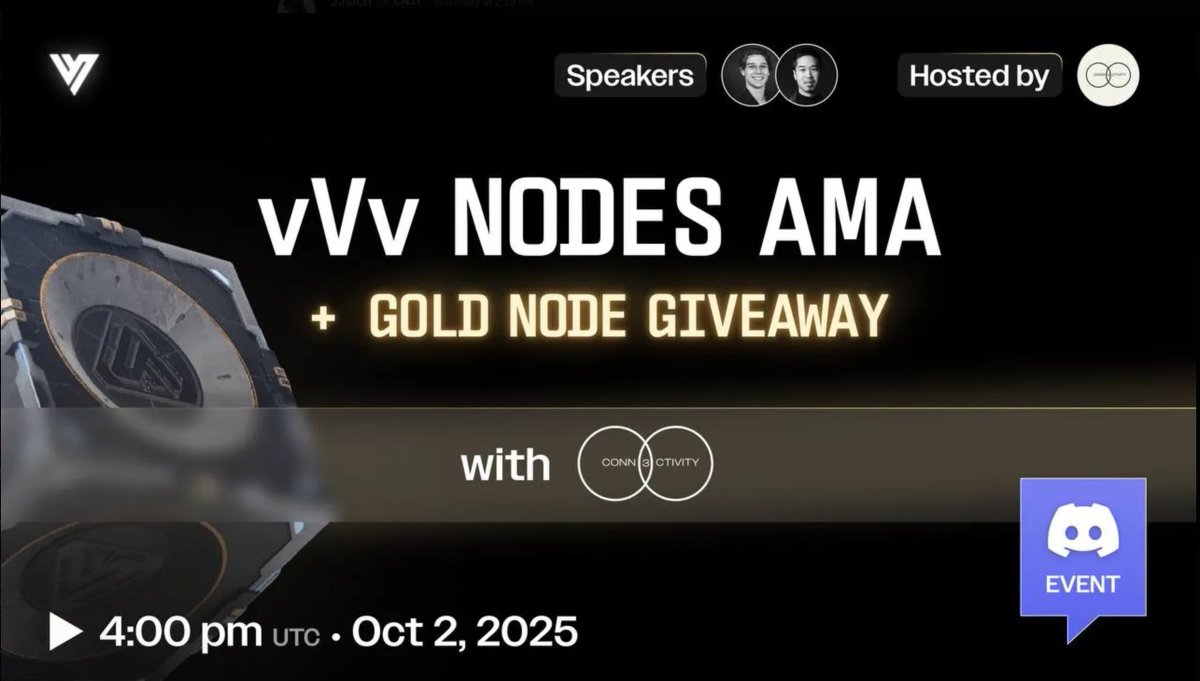 🚨 AMA ALERT 🚨
@Conn3ctivity_ × <a href="/vvvdotnet/">vVv</a>

📅 Join <a href="/TheOnlyWidow/">Widow | collab manager</a> <a href="/7xBunny/">7xBun 🐰</a> and <a href="/HeIsRav3n/">ŘAV3Ñ 🥷</a>  to dive into:
🔹 Exclusive token launches
🔹 Node-powered yield streams
🔹 Platform compliance + scalability
🔹 How to get ahead with $V
🗓️ October 02 2025 @ 12:00pm EST
📍 LIVE on the