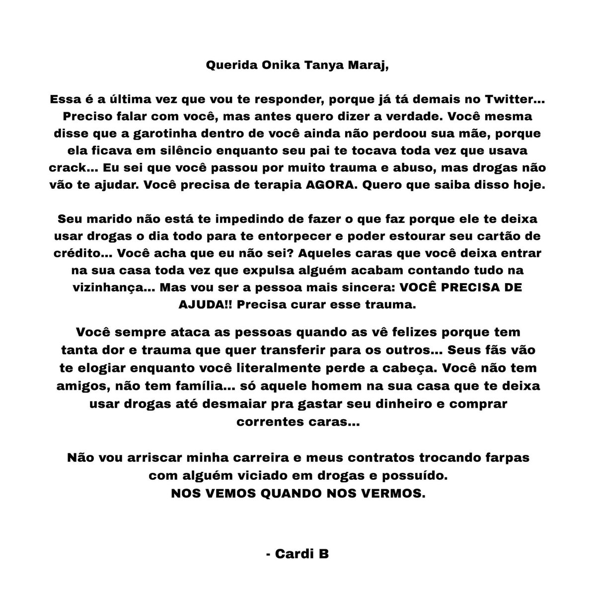Cardi B fala diretamente com Nicki Minaj em carta aberta: “Querida Onika  Maraj. [..] Você precisa de ajuda. Cura seus traumas antes de atacar os  outros. Drogas não vão resolver nada. Não, image size:1200x1200