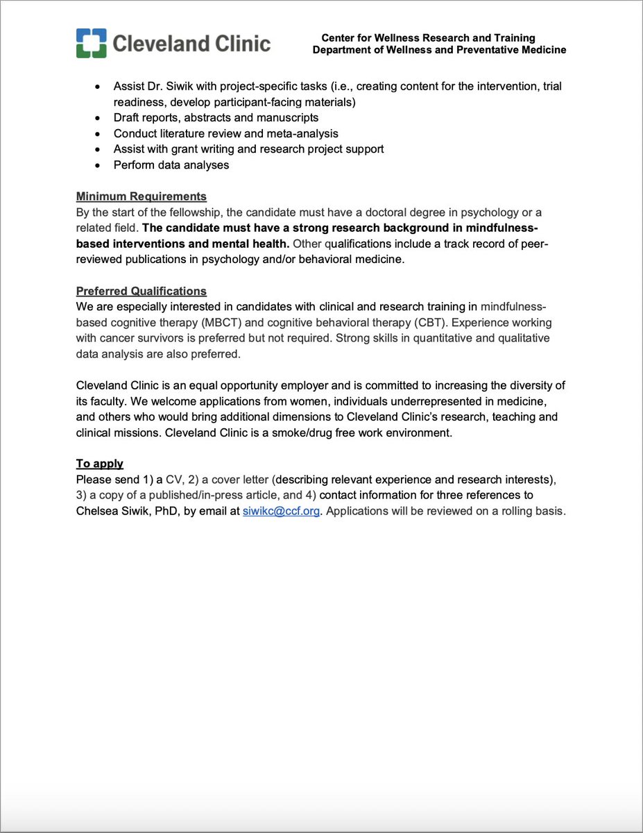 Please see below for a postdoctoral fellowship opportunity in mind-body medicine at Cleveland Clinic!