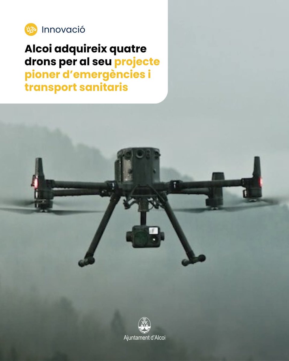 Alcoi adquireix quatre drons per al seu projecte pioner d’emergències i transport sanitaris
#Alcoi #Emergències #ProteccióCivil #TotsSumem 
alcoi.org/ca/portal/noti…