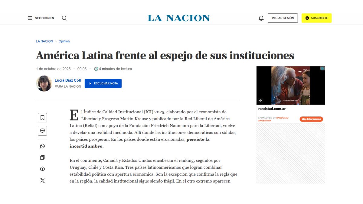 América Latina frente al espejo de sus instituciones

En mi columna para <a href="/LANACION/">LA NACION</a> analizo el Índice de Calidad Institucional 2025 (ICI), elaborado por <a href="/martinkrause/">Martin Krause</a> de <a href="/liberyprogre/">Fundación Libertad y Progreso</a> publicado por <a href="/RELIALred/">Relial Red</a> con el apoyo de <a href="/FNFreiheit/">Friedrich-Naumann-Stiftung für die Freiheit</a> 

🔗 lanacion.com.ar/opinion/americ…
