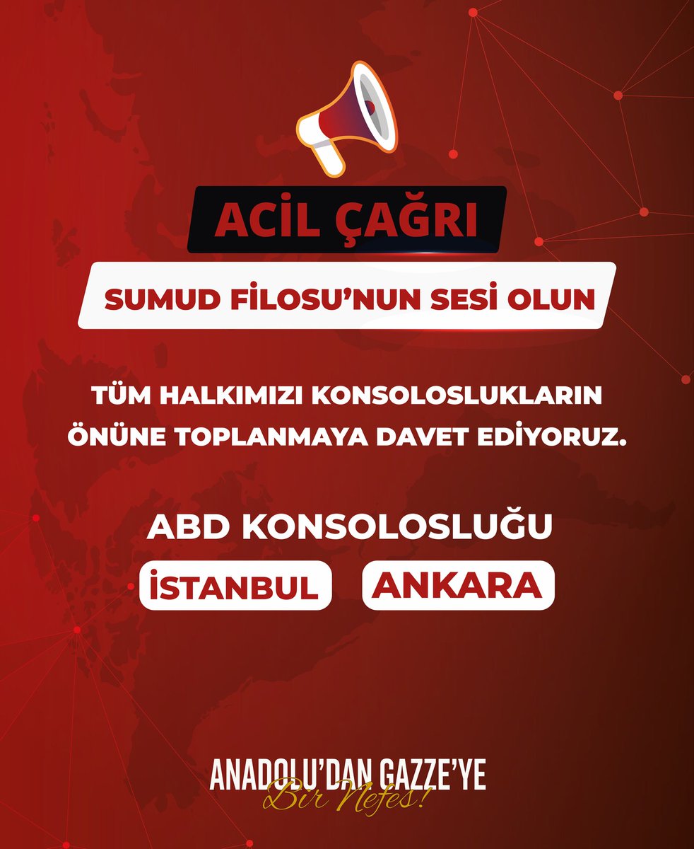 ‼️ACİL ÇAĞRI
Tüm halkımızı Sumud Filosunun sesi olmak için İstanbul ve Ankarada ABD Konsolosluklarının önüne bekliyoruz!
