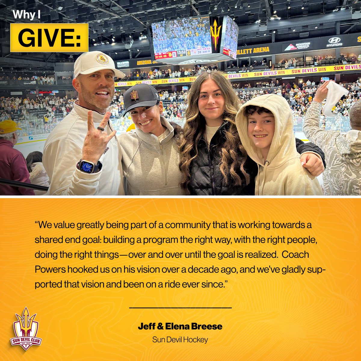 sundevilclub's tweet photo. As @SunDevilHockey drops the puck on their season this week, we're reminded of the incredible donors who have made the program's success possible. Thank you to the Breese Family for fueling Sun Devil Hockey’s growth from dream to reality! 🔱🏒
#WhyIGive | #ActivateTheValley https://t.co/5fsbZ2Xqwb