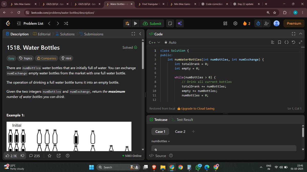 Aditya_codez's tweet image. 🚀 Day 22 of #100DaysOfCode
✅ Solved #LeetCode POTD (Water Bottles) + Min Max Game & Triangular Sum
✅ Took help from @CSwithMIK’s videos 🙌
✅ Watched his “How to stop forgetting DSA” & started making notes 📝
Step by step, building consistency 💪
#DSA #Coding