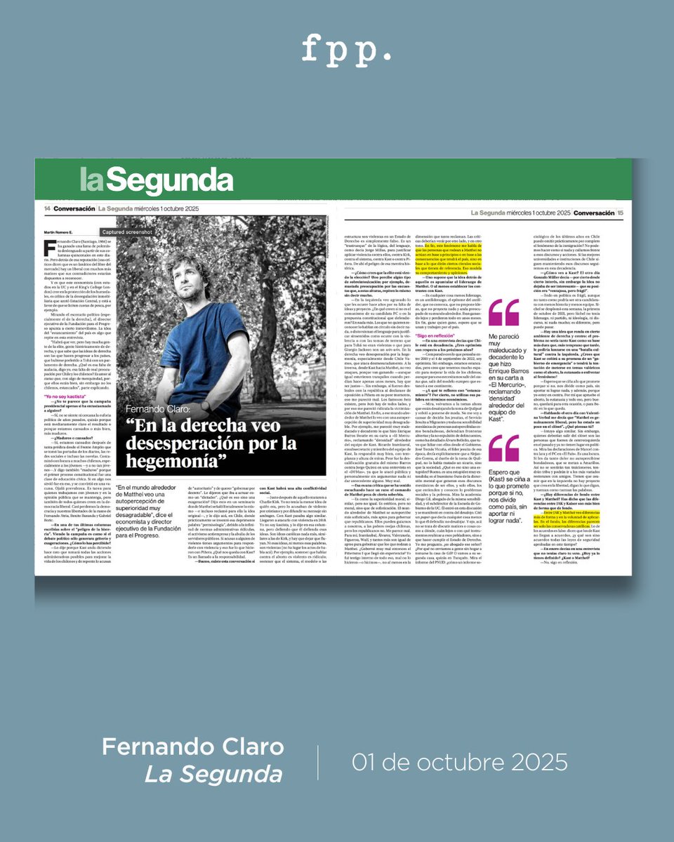 Fernando Claro (<a href="/tucukere/">Fernando Claro</a>) en <a href="/La_Segunda/">laSegunda</a>: «En la derecha veo desesperación por la hegemonía»

Revisa la entrevista 📰 a Fernando Claro, director ejecutivo FPP, publicada en La Segunda

Disponible en fppchile.org/fernando-claro…