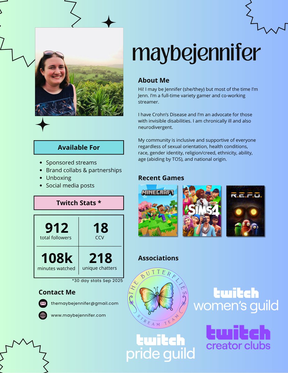 maybejennifer's tweet photo. My first media kit! โจThis has been a wild year y'all! ๐ I'll be at #Twitchcon soon and I've recently joined the #Twitch #WomensGuild and #PrideGuild ๐ #streamer #gamer #mediakit #twitchcreatorclubs #twitchcoworkingclub #minecraft #sims4 #repo #coworking https://t.co/lYtEtAZYX6