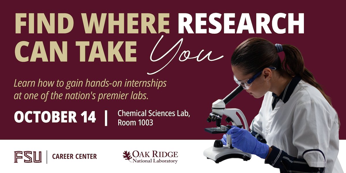 FSUartssciences's tweet image. Join us for a special event with Oak Ridge National Laboratory (@ORNL) to learn how you can enhance your hands-on research experience at one of the nation&apos;s premier national labs!

The event will be held on Tuesday, Oct. 14 in Chemical Science Laboratory Room 1003. William Jenks,…