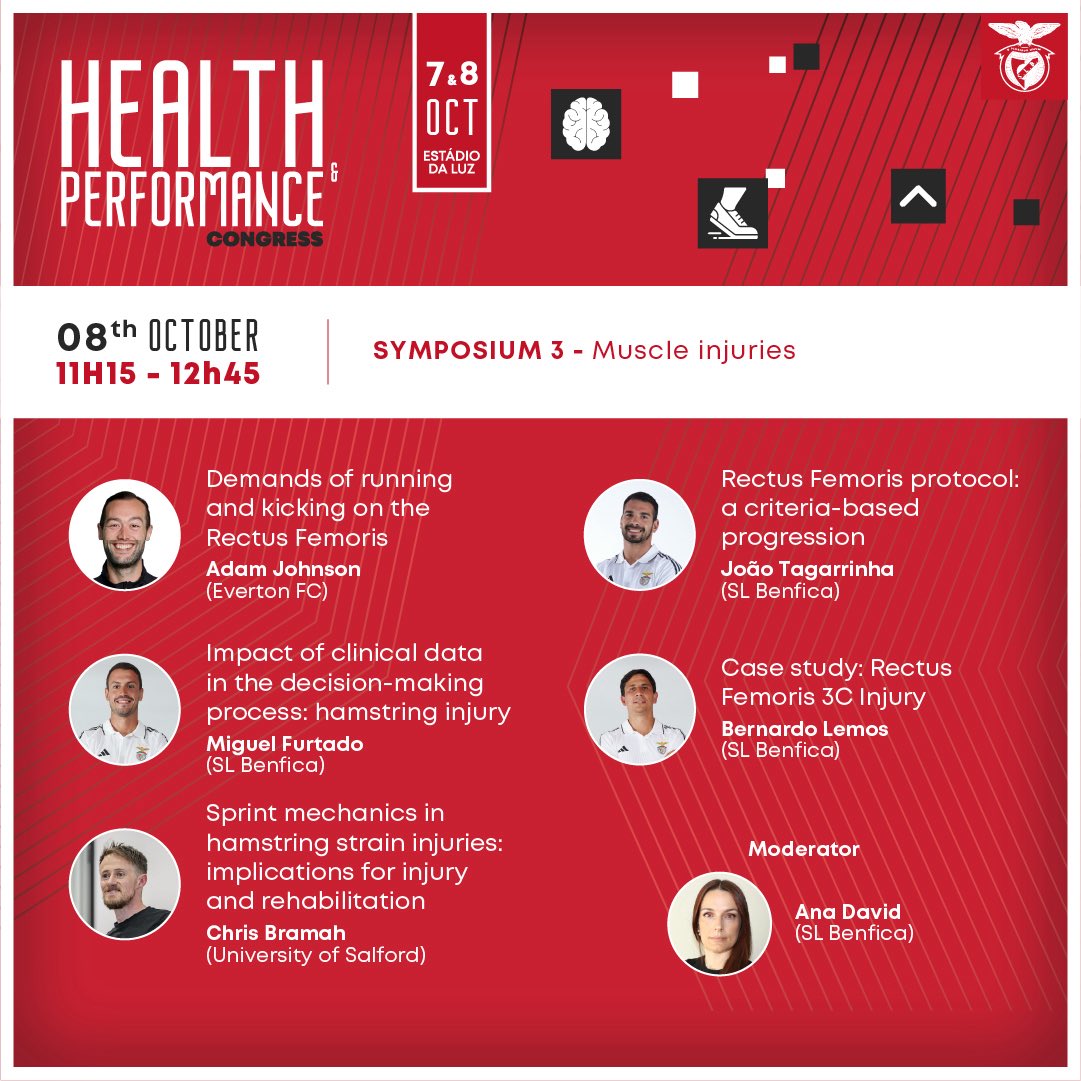 Really looking forward to speaking at this conference next week!

SYMPOSIUM 3 -  Muscle Injuries
🚨Health &amp; Performance Congress 2025 by SL Benfica. 
🌐 Website: slbenfica.pt/en-us/eventos/… 

#SLBenfica #healthperformance2025 #lisbon