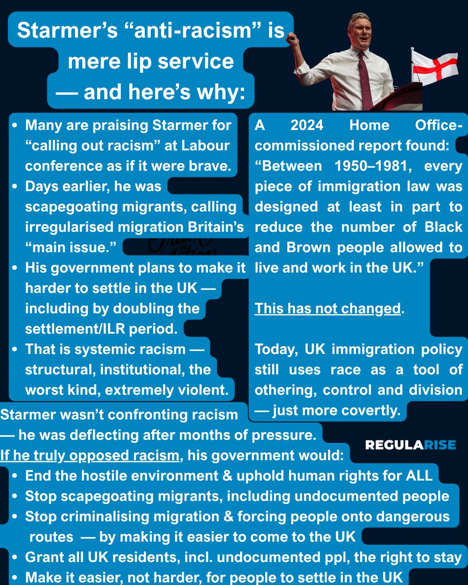 Saying you’re “building a Britain for all” while pushing anti-migrant (i.e. racist) policies is dehumanising

Starmer’s govt isn’t tackling racism—it’s entrenching it.
If he's serious he’d: 
⚡End the hostile environment 
⚡Grant the right to stay &amp; make settlement easier for ALL