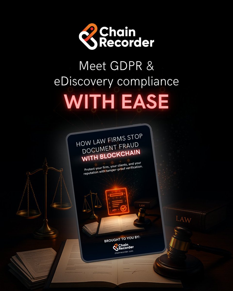 chainrecorder's tweet photo. Regulators expect airtight document trails. Blockchain timestamps help you exceed compliance obligations—without expensive systems or audits.
📘 Learn how in our free PDF guide: https://t.co/8lSz2m8zjp

#GDPR #Compliance #LegalTech #ChainRecorder https://t.co/lAz7dPWHVr