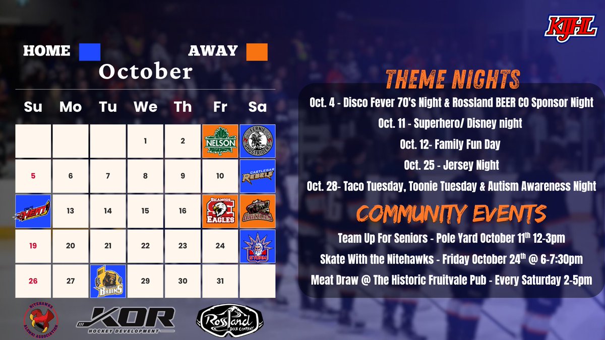 Bring on October!!

5 home games with 5 different events going on each night, plus a handful of community events! We kick things off this Saturday with 70’s night with Rossland Beer Co sponsored night!

Get your tickets ahead of time at bvnitehawks.ca/tickets  #Nitehawks #KIJHL