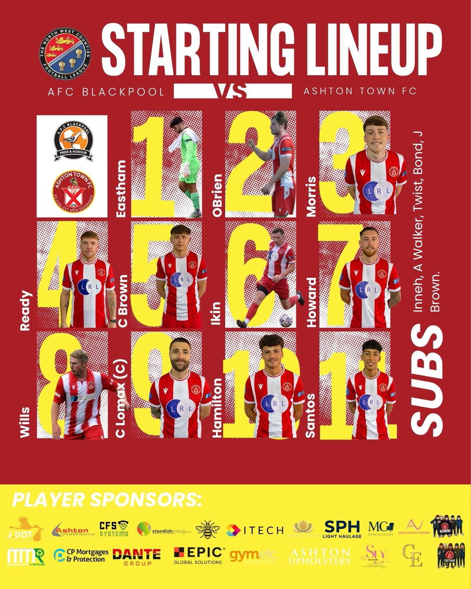 ashtontownfc's tweet photo. Your Town Lineup Is Here โ๏ธ
A much changed squad from last Friday, as we gear up to face @AFCBlackpool
โEastham starts between the sticks
โChris Lomax in the nine
โHamilton in the ten
โReady returns to the squad
#AshtonTownFC #UpTheTown #TownIsRed #NWCFL https://t.co/Y0ps8MCP3B