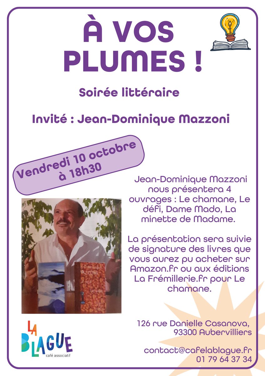 Bonjour à Tous,
Grande nouvelle, je vous invite toutes et tous à venir le vendredi 10/10/2025 à 18h30 à la blague café associatif au métro fort d'Aubervilliers.
Je parlerai de mon parcours d'écrivain, de 4 ouvrages présentés, des extraits, de collaborations et de concours.😉