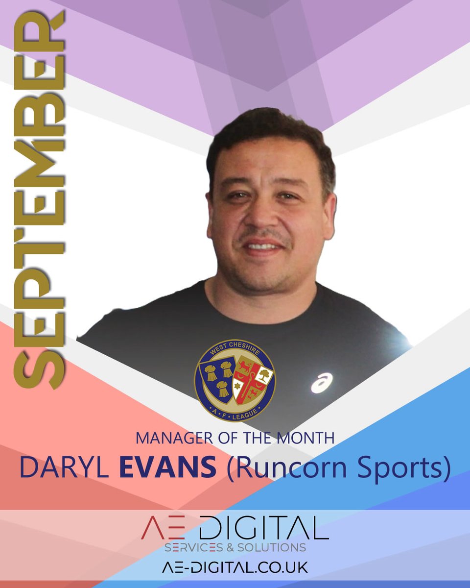 WCLNewsletter's tweet photo. The Manager of the Month for September is Daryl Evans of @RuncornSportsFC, leading his team to 4 wins, scoring 25 goals in the process.

 Congratulations to Daryl and all involved at Runcorn Sports FC.

Award is kindly sponsored by @AE_Digital_UK, thanks for your kind support 🤝 https://t.co/ZyPctarSqo