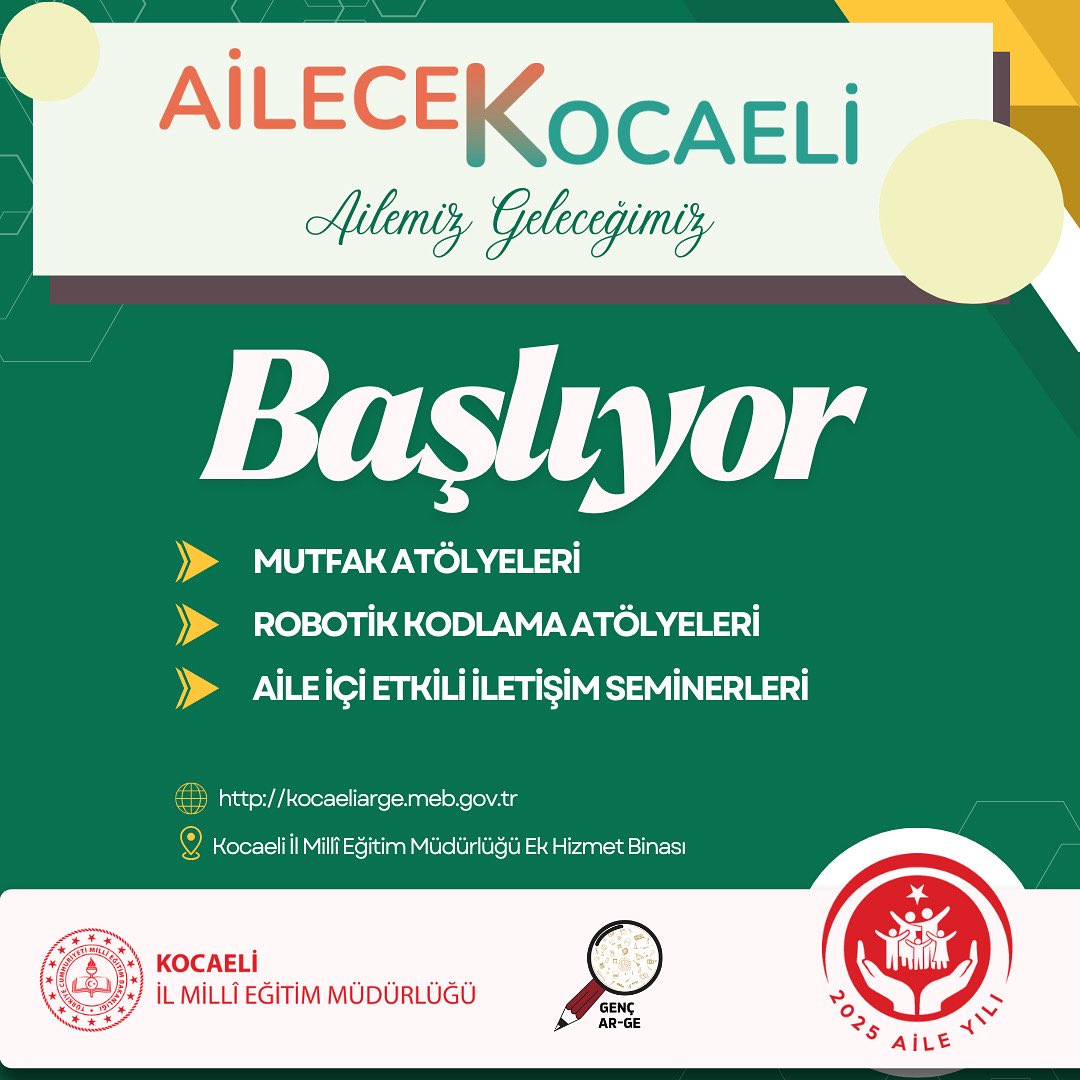 🎉 Ailecek Kocaeli Projesi Başlıyor! 
📌 Genç AR-GE Programı kapsamında ve 2025’in “Aile Yılı” ilan edilmesi vesilesiyle Müdürlüğümüz AR-GE Birimi tarafından Ailecek Kocaeli Projesi hayata geçirildi. <a href="/tcmeb/">Millî Eğitim Bakanlığı</a>
<a href="/Yusuf__Tekin/">Yusuf Tekin</a> 
Ayrıntılı bilgi için 👉 meb.ai/Ux6COiL
#gencarge
