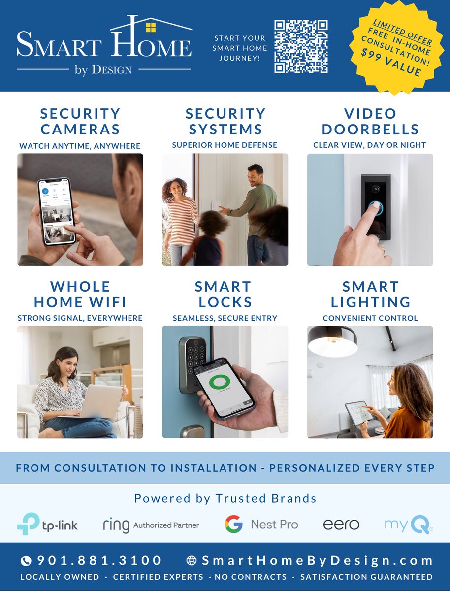 DesignSmartHome's tweet image. Upgrade your living with Smart Home by Design! From security cameras to smart locks and lighting, experience peace of mind, convenience, and control in every corner of your home. Book your FREE in-home consultation today—limited-time offer!

 SmartHomeByDesign.com