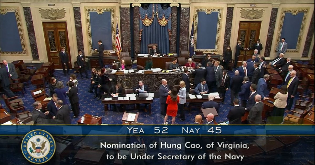 CraigCaplan's tweet image. 52-45: Senate confirmed retired Navy Captain Hung Cao to serve as Under Secretary of the Navy, the second-ranking civilian leader for the service. Murkowski was the only Republican to vote No.