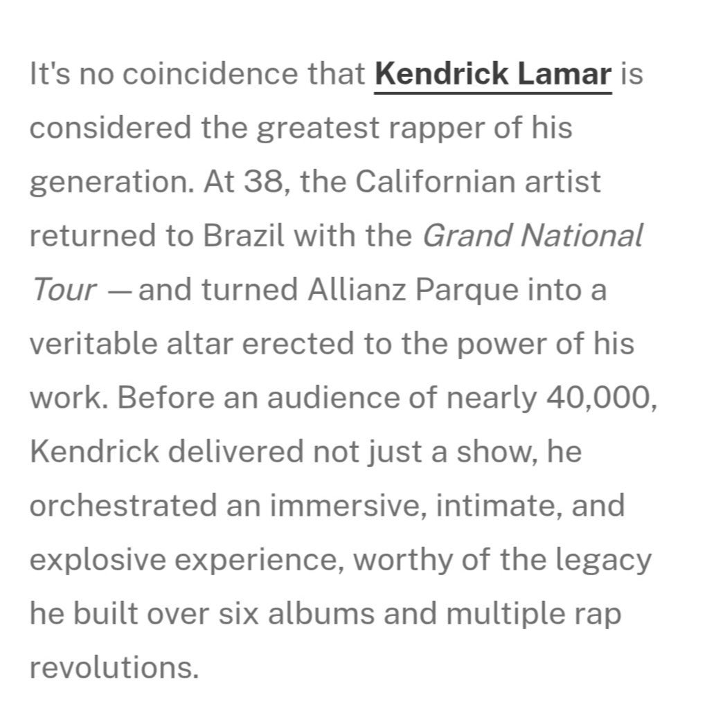 KendrickChart's tweet image. Brazil&apos;s @tmdqa names Kendrick Lamar as the ‘Greatest Artist of his Generation’ after his performance in São Paulo last night.🇧🇷 

#GrandNationalTour