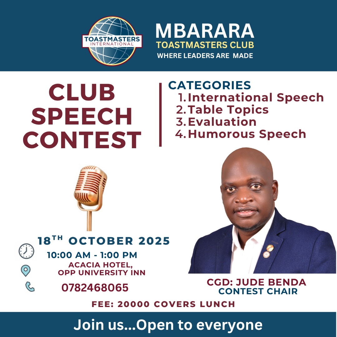 BagumaKennethM's tweet photo. THE STAGE IS SET. ARE YOU? 🎤The Mbarara Toastmasters Speech Contest is HERE! Get ready for an epic battle of wits, wisdom, and wit! We're looking for the best speakers in the region.
📅 Sat, 18th Oct 2025
📍 Acacia Hotel, Mbarara (Opp University Inn)
💵 20k_UGX
👥 OPEN TO ALL! https://t.co/cEsiqdqMBI