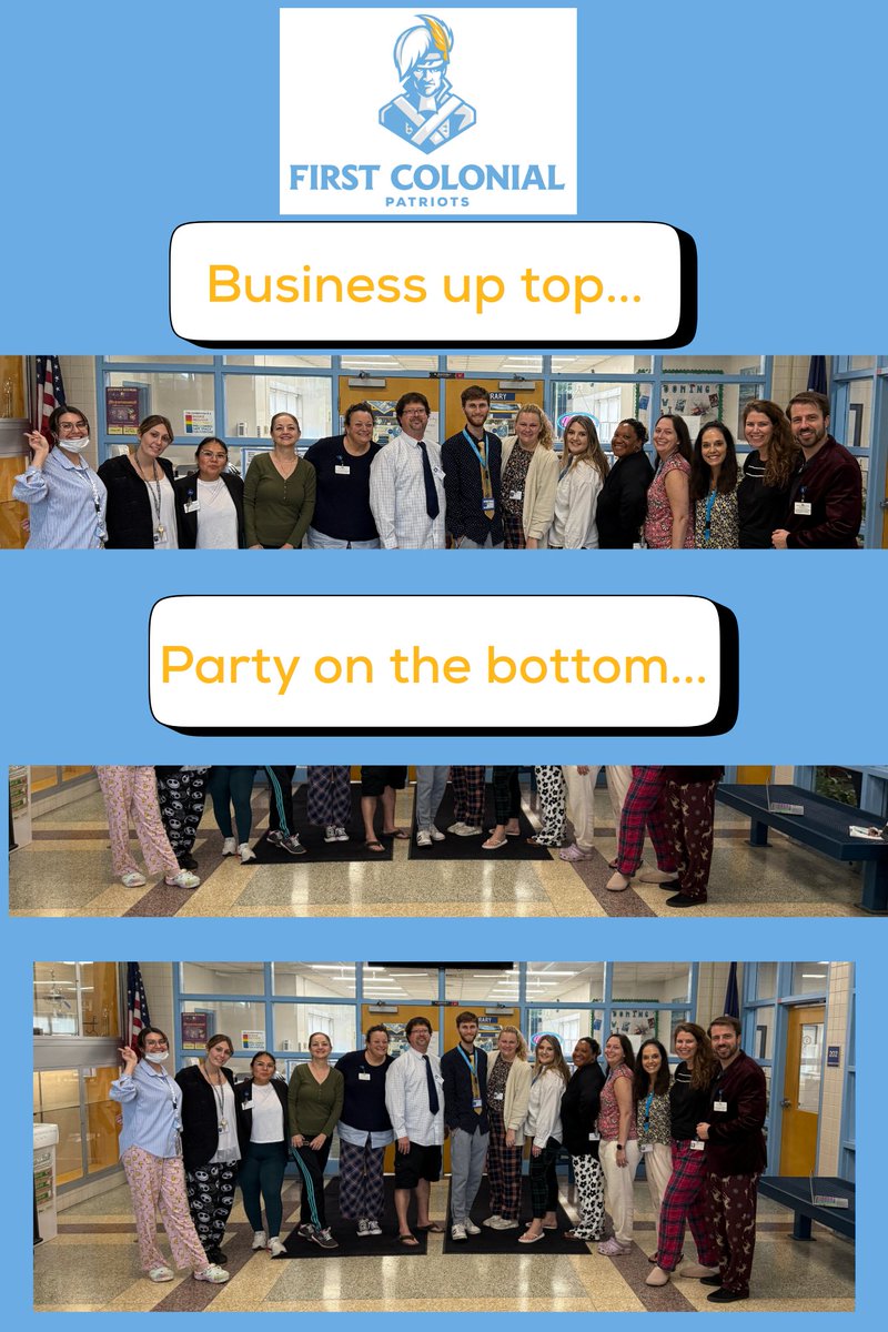 FirstColonialHS's tweet photo. FC teachers be like: ‘Business on top, party on the bottom.’ Covid Days Spirit Day really brought out our professional pajamas energy. 😎🩳👔 #CovidDays #SpiritDayVibes #WeRFC https://t.co/nbaE9K1E1C
