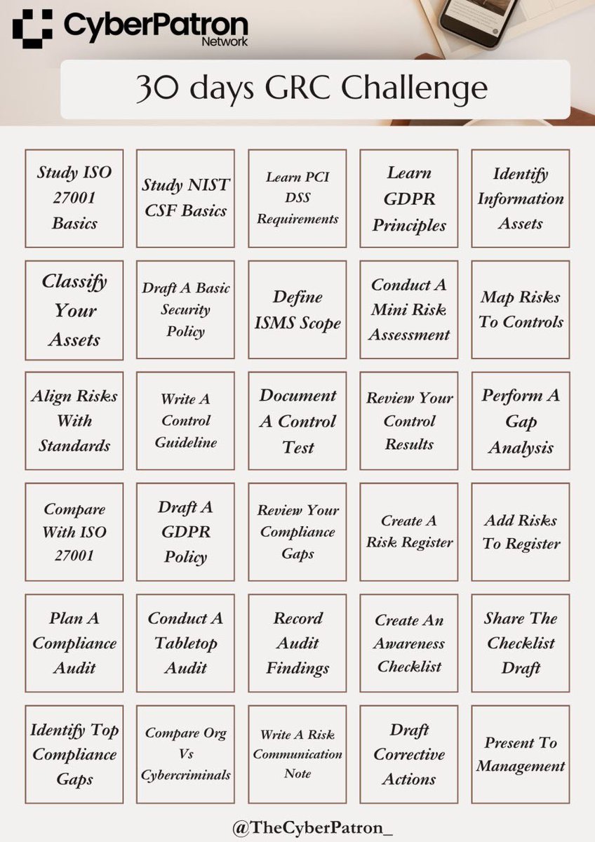 _DeejustDee's tweet photo. For those into GRC (entry-level and enthusiasts) here’s a challenge to help you study for 30 days. 

Document your journey, share your daily tasks with me so we can review how well you’ve done and make necessary adjustments where possible.
Keep winning https://t.co/SGax9FHsVG