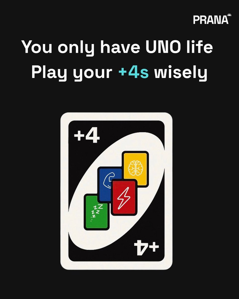 official_prana's tweet photo. You only have UNO life.

🌙 Sleep – 7–9 hrs, no screens before bed.
⚡ Energy – Move, recover, recharge.
🧠 Focus – Reset, De-Screen, Plan, Reflect.
💪 Fitness – Strength, Cardio, Mobility, Skill.

#wellness #fitness #health #focus #sleepbetter #pranatech https://t.co/DYlhgNbaSw