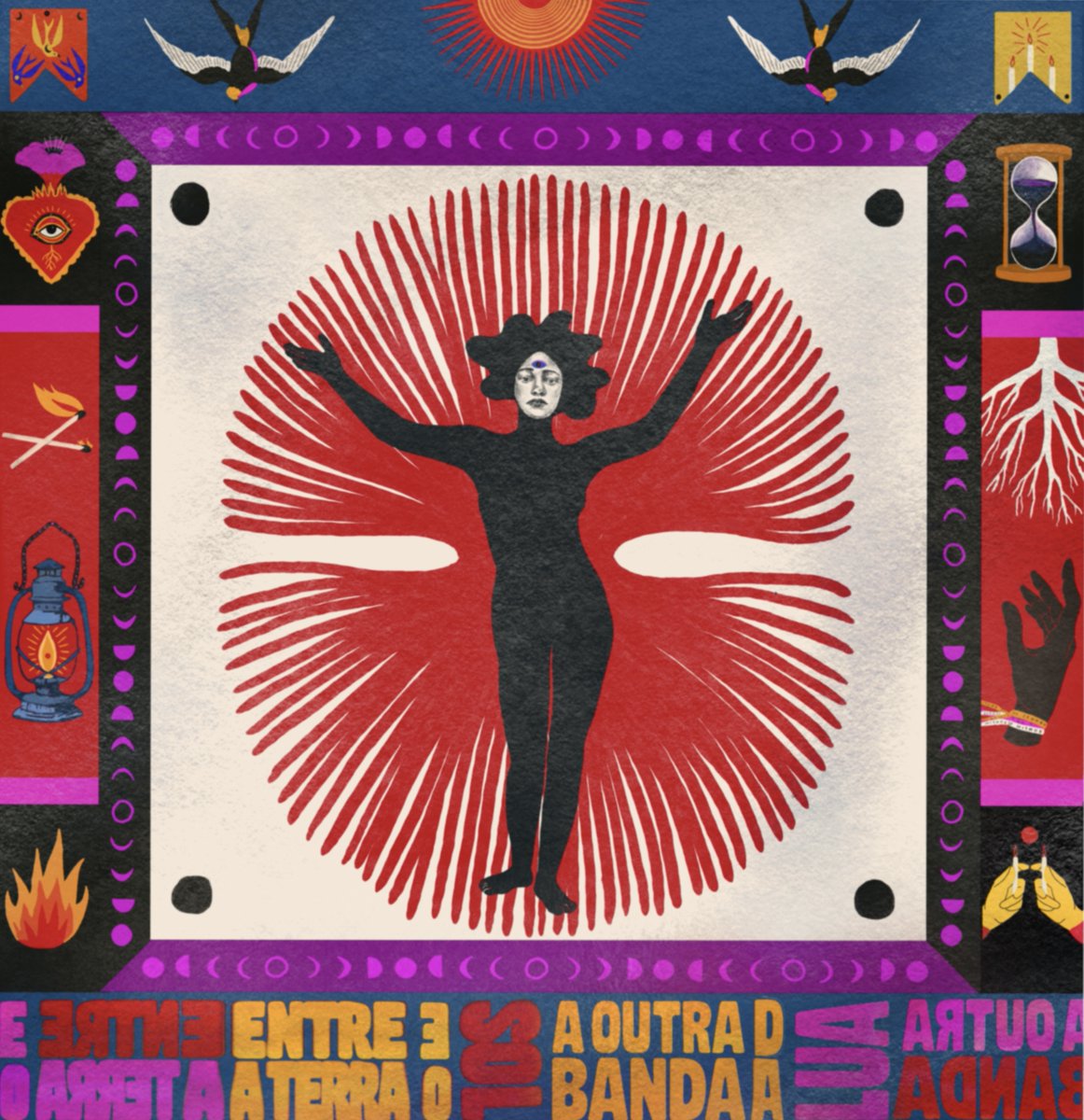 Capa do nosso novo álbum "Entre a Terra e o Sol".

A capa conta com ilustrações de Karla Ruas, diagramação de Bubu Brant, lettering e finalização de Caril, além da direção criativa assinada por Tainá de Castro e Caril.

Dia de 3 de Outubro ta no mundo, fique atento! 🔥