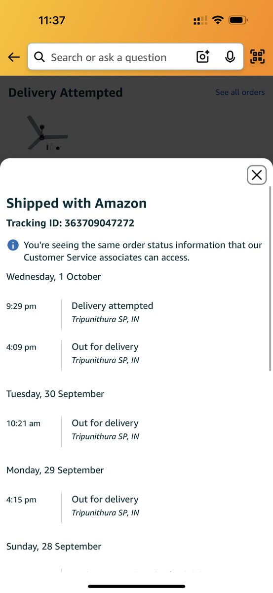 SandySooryap's tweet photo. @AmazonHelp @amazonIN ok i contacted your delivery agent 6 times when delivery was marked attempted citing customer not available.. upon next update of delivery unsuccessful my order gets cancelled and returned to seller… where is the accountability here?? fake delivery promises n delivery attempts.. https://t.co/rX3aJOgN5z