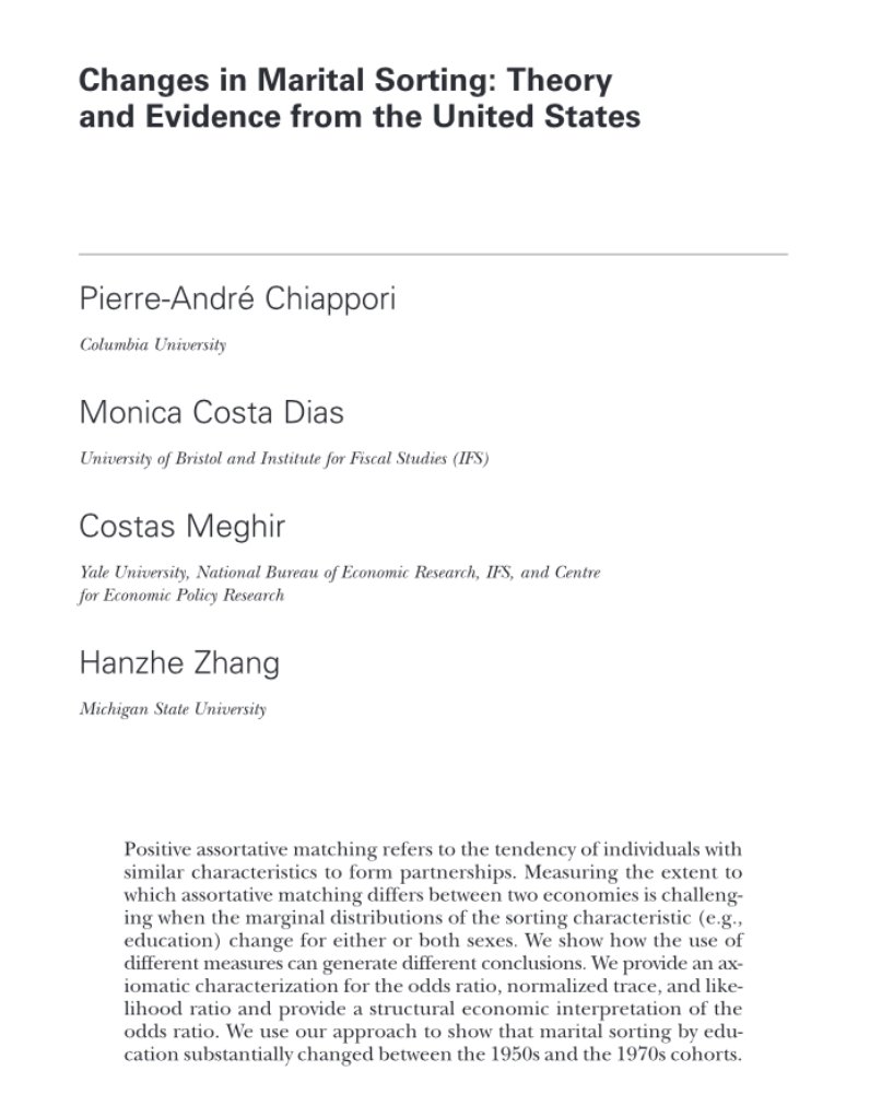 NEW in <a href="/JPolEcon/">JPE</a>: "Changes in Marital Sorting: Theory and Evidence from the United States"

By Pierre-André Chiappori, Monica Costa Dias, Costas Meghir, and Hanzhe Zhang: journals.uchicago.edu/doi/10.1086/73…