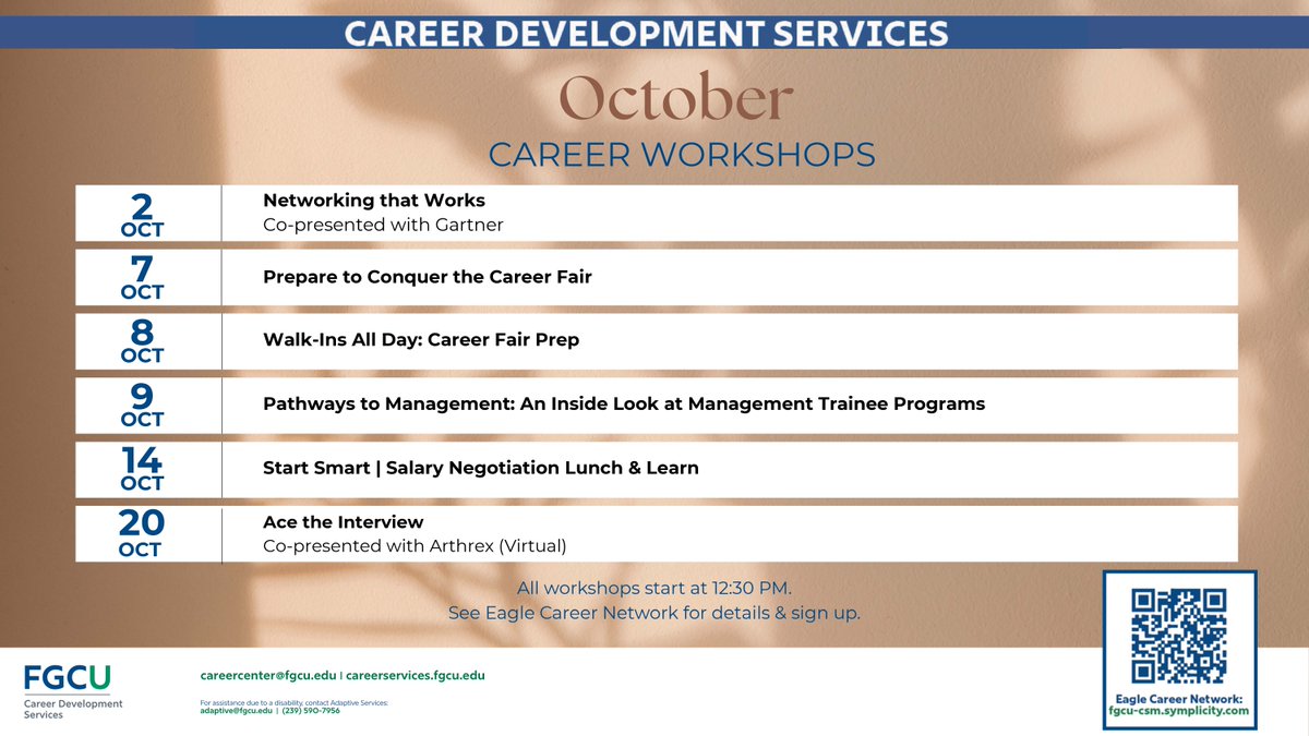 FGCU Career Workshops - Ready to take the next step toward your future? FGCU Career Workshops are here to help Eagles sharpen their skills and prepare for success after graduation.

#FGCU #FGCUDKSOE #CareerWorkshops #FGCUEagles #CareerReady