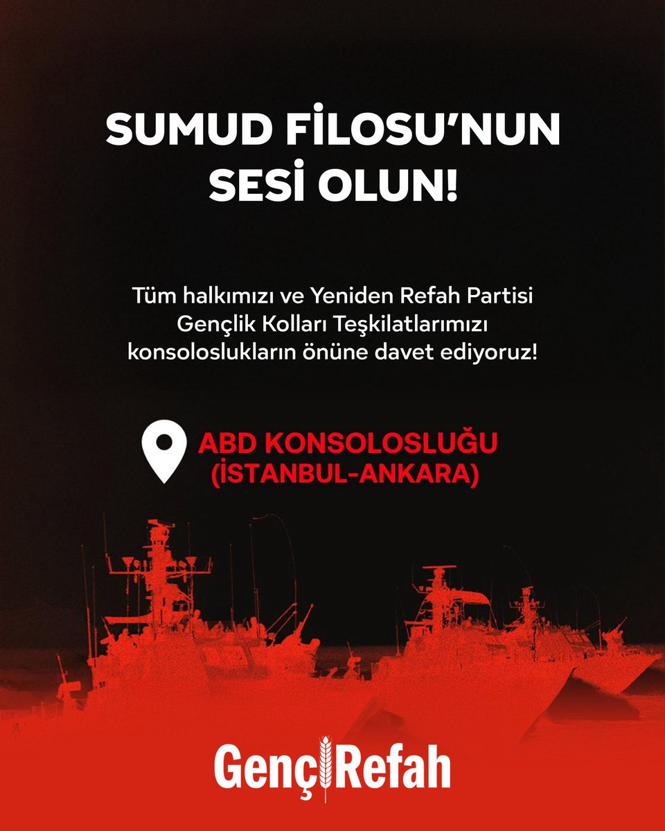 Tüm halkımızı ve Yeniden Refah Partisi Gençlik Kolları Teşkilatlarımızı konsoloslukların önüne davet ediyoruz!

📍ABD Konsolosluğu (İstanbul - Ankara)